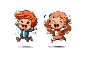 Happy cute kids boy and girl jump cartoon icon. Vector illustration design.