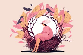 Woman sitting on a bird’s nest. Vector illustration design.