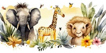 Watercolor Illustration Baby Safari nimal banner. Vector illustration design.