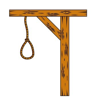 Gallows. Wooden structure for execution. Medieval justice. Place of death. Murder and punishment. Rope with a noose. Cartoon illustration. Gallows. Rope with noose.