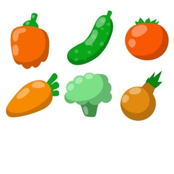 Set of vegetables. Harvest. Red, orange and green object. Cartoon flat illustration. Fresh natural village products. Tomato, pepper, onion, cucumber, broccoli, carrot. Set of vegetables. Harvest