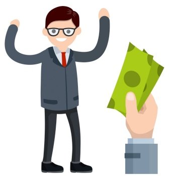 Office man worker in suit and tie. White shirt. Rich guy. Cartoon flat illustration. Big hand with green money salaries. successful businessman. Office man worker in suit and tie.