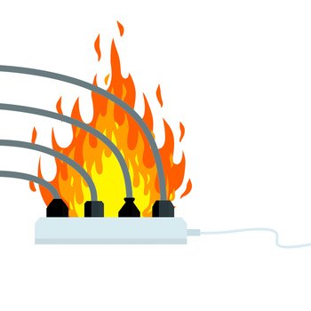 Electrical wiring. Damaged Socket with flame. The smoke from the device. Cartoon flat illustration. Compliance with fire safety. Set of many Cables. Electrical wiring. Damaged Socket