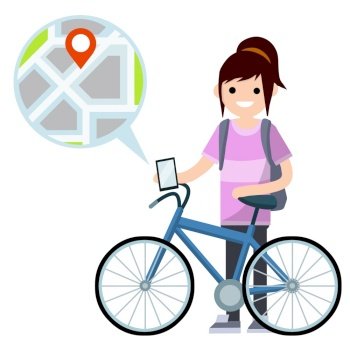 Bicycle with girl with backpack. Woman riding bike. Cartoon flat illustration. Urban transport. Hobby and sport. City map and navigation. Modern technology. Summer activity.. Bicycle with girl with backpack.
