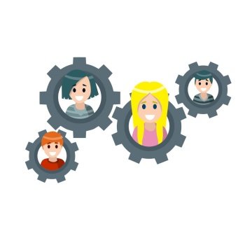Teamwork. Relationships between people. Social concept. Gear with the heads of men and women. Colleagues and co-operation. Flat cartoon. Teamwork. Relationships between people.