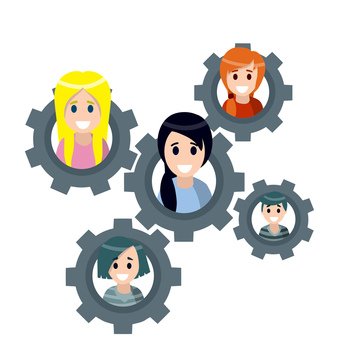 Teamwork. Relationships between people. Social concept. Gear with the heads of men and women. Colleagues and co-operation. Flat cartoon. Teamwork. Relationships between people