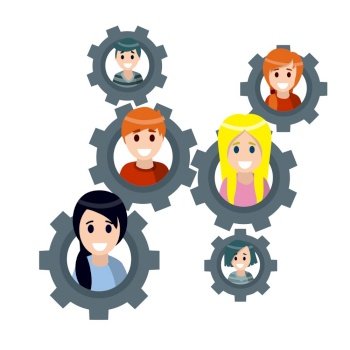 Teamwork. Relationships between people. Social concept. Gear with the heads of men and women. Colleagues and co-operation. Flat cartoon. Teamwork. Relationships between people