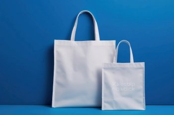 Empty mockups of a white fabric bag on a blue background.. Empty mockups of a white fabric bag