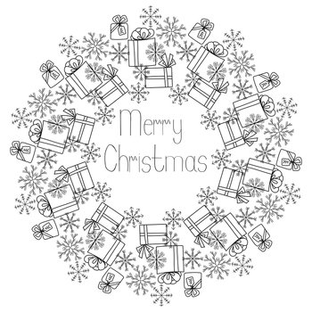 Christmas wreath of snowflakes and gifts with bows, coloring page from festive mandala and themed lettering, vector outline illustration for design