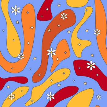 Vector retro groovy psychedelic seamless pattern. Trendy 70s surreal background. Colorful wavy background with flowers. Trippy hippie culture backdrop for wallpaper, print, textile, fabric, wrapping