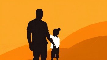 Father Day. Graphically contours of a child next to dad, wallpaper background. Header banner mockup with copy space. AI generated.. Father Day. Graphically contours of a child next to dad, wallpaper background. AI generated.