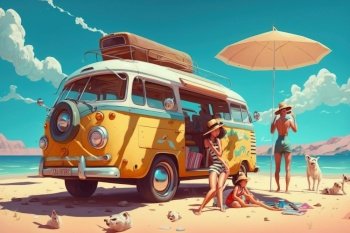 An illustration of a family with a car driving on the road to a trip to a seaside vacation. Sunny day in the tropics, against the backdrop of palm trees. AI generated.. Illustration of a family with a car driving on the road on a trip to the seaside vacation. AI generated.
