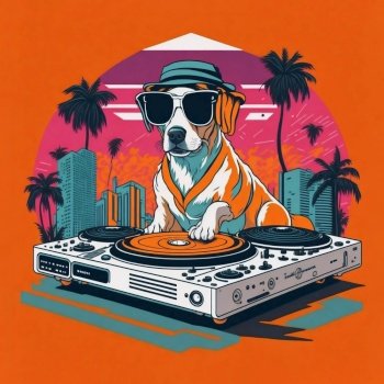 a retro groove as a talented dog DJ spins vinyl discs on turntables. Against a vibrant orange backdrop, Miami-style isometric illustrations add a touch of nostalgia and energy to the scene. The dog’s cool demeanor and impeccable style make for a playful and captivating image that transports you to a bygone era of funky beats and lively dancefloors