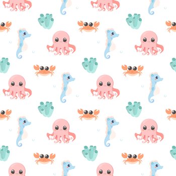 Sea creatures pattern seamless set cute vector on white isolated background, shrimp, seaweed, coral, crab, dolphin, horsefish, octopus. Sea creatures pattern seamless set cute vector