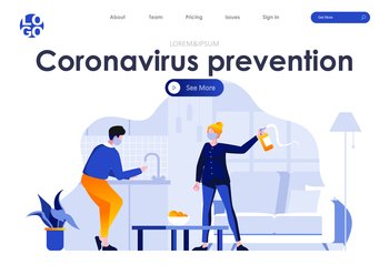 Coronavirus prevention flat landing page design. Man washing hands, woman in medical mask with disinfectant scene with header. Coronavirus protection, hygiene and safety, home quarantine situation.