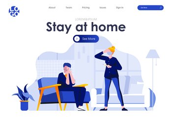 Stay at home flat landing page design. Sick man with cough, woman with fever holding thermometer scene with header. Coronavirus diagnosis and treatment. Symptoms of coronavirus disease situation.