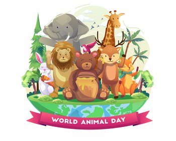 Cute Animals are happy to welcome World Animal Day. Happy Celebrate Wildlife Day. Vector Illustration