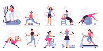Woman at sport gym. Vector illustration set. Female run on treadmill, equipment for fitness in gym, workout people, training exercise collection. Woman at sport gym. Vector illustration set