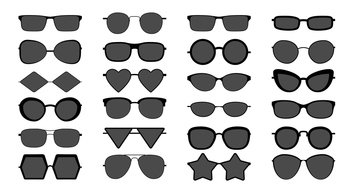 Black sunglasses silhouette. Modern stylish elegant shading sun glasses with different shape, isolated vector set of cool accessories. Black sunglasses silhouette. Modern stylish elegant shading sun glasses with different shape, isolated vector set of accessories