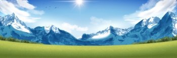 Spectacular snow mountain scenery, landscape orientation with attractive mountain and green field. Spectacular snow mountain scenery