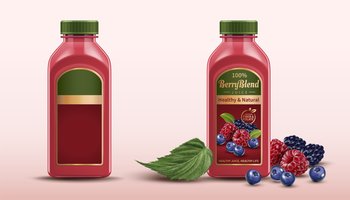 Berry blend bottled juice package design set with fresh fruits. Berry blend juice package design