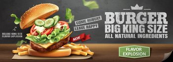 Delicious hamburger and fries banner ads on blackboard background in 3d illustration. Delicious hamburger banner ads