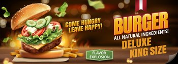 Delicious hamburger and fries banner ads on bokeh burning background in 3d illustration. Delicious hamburger banner ads