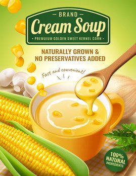 Instant corn cream soup ads with fresh corncob and mushroom in 3d illustration. Instant corn cream soup ads