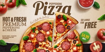 Pepperoni pizza banner ads on kraft paper background with tomatoes and basil leaves, 3d illustration top view perspective. Pepperoni pizza banner ads