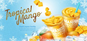 Mango smoothie banner ads with ice cubes on freezing snowflakes background in 3d illustration. Mango smoothie banner ads