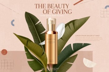 Skincare cream ads with tropical leafs on geometric background in 3d illustration. Skincare cream ads