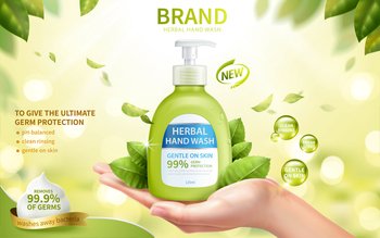 Ad template of fresh herbal hand wash, realistic female hand in open palm gesture with dispenser bottle, 3d illustration. Liquid hand wash ad template