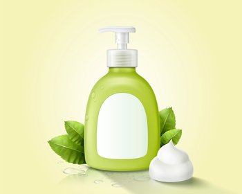 Green hand wash dispenser bottle, decorated with creamy foam and herbal leaves, isolated on light green background, 3d illustration. Hand wash dispenser bottle