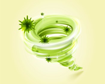 3d illustration of green vortex taking away bad germs and virus, concept of deep cleaning and disinfecting, isolated on light green background. Green disinfecting vortex