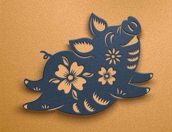 Cute blue paper art piggy with floral pattern on golden backdrop. Cute blue paper art piggy