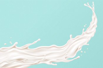 Splashing milk on blue background in 3d illustration. Splashing milk effect