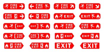 Fire exit sign. Emergency escape icon set. Flat vector illustration.
