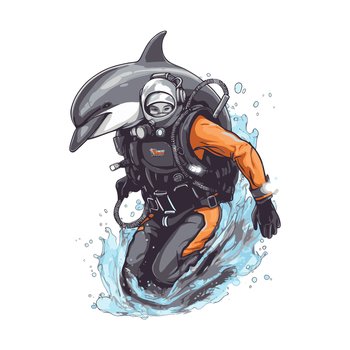 Diver with dolphin. Cartoon vector illustration.