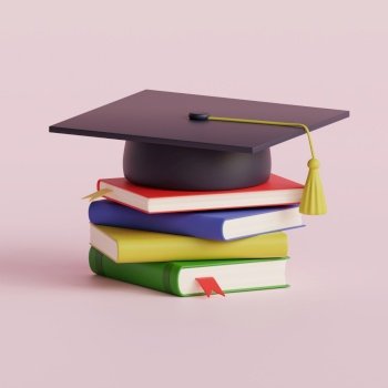 Graduation cap on stack of books. Education concept.  3d render illustration.