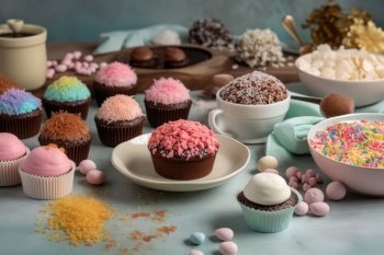 Sweetness party: brigadeiros, cupcakes and colorful macarons., generative IA�