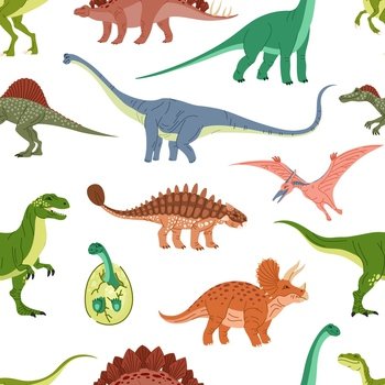 Cartoon dinosaurs and dino egg seamless pattern. Cute prehistoric animal characters vector background. Happy triceratops, stegosaurus, tyrannosaurus or t-rex, pterodactyl and ankylosaurus backdrop. Cartoon dinosaurs and dino egg seamless pattern