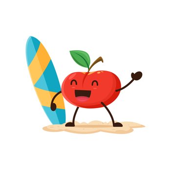 Apple fruit cartoon character surfer outdoor entertainment and relaxation at oceanfront resort. Healthful vector comic food personage unwinding with surf board by ocean during summer shoreline getaway. Apple fruit cartoon character surfer outdoor relax