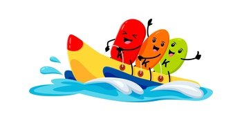 Cartoon potassium, kalium micronutrient characters riding water banana boat on summer beach vacation. Funny vector K capsule personages sitting on boat with cheerful emotions during holiday activity. Cartoon potassium, kalium micronutrient characters