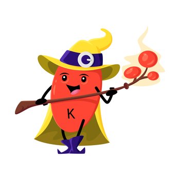 Cartoon potassium kalium mineral micronutrient warlock character. Isolated vector K funny food supplement pill. Nutrient or element bubble mage, capsule personage wear witch hat, cape holding staff. Cartoon potassium kalium micronutrient warlock