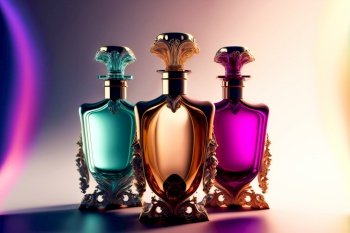 Close up of perfume bottles.  Image created with Generative AI technology
