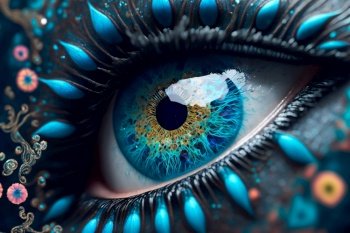 Blue human eye with makeup. Eye painting. Futuristic fantasy digital art, Image created with Generative AI technology
