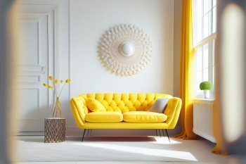  Modern room interior with yellow sofa.  Generative AI
