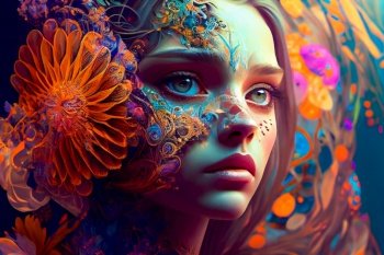  Beautiful woman surreal portrait with flowers and butterflies.  Generative AI
