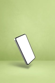 Blank smartphone floating over a green background. 3D isolated illustration. Vertical template. Floating smartphone isolated on green. Vertical background