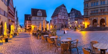 Night panorama of Market square in medieval Old Town of Rothenburg ob der Tauber, Bavaria, southern Germany. Night Rothenburg ob der Tauber, Germany